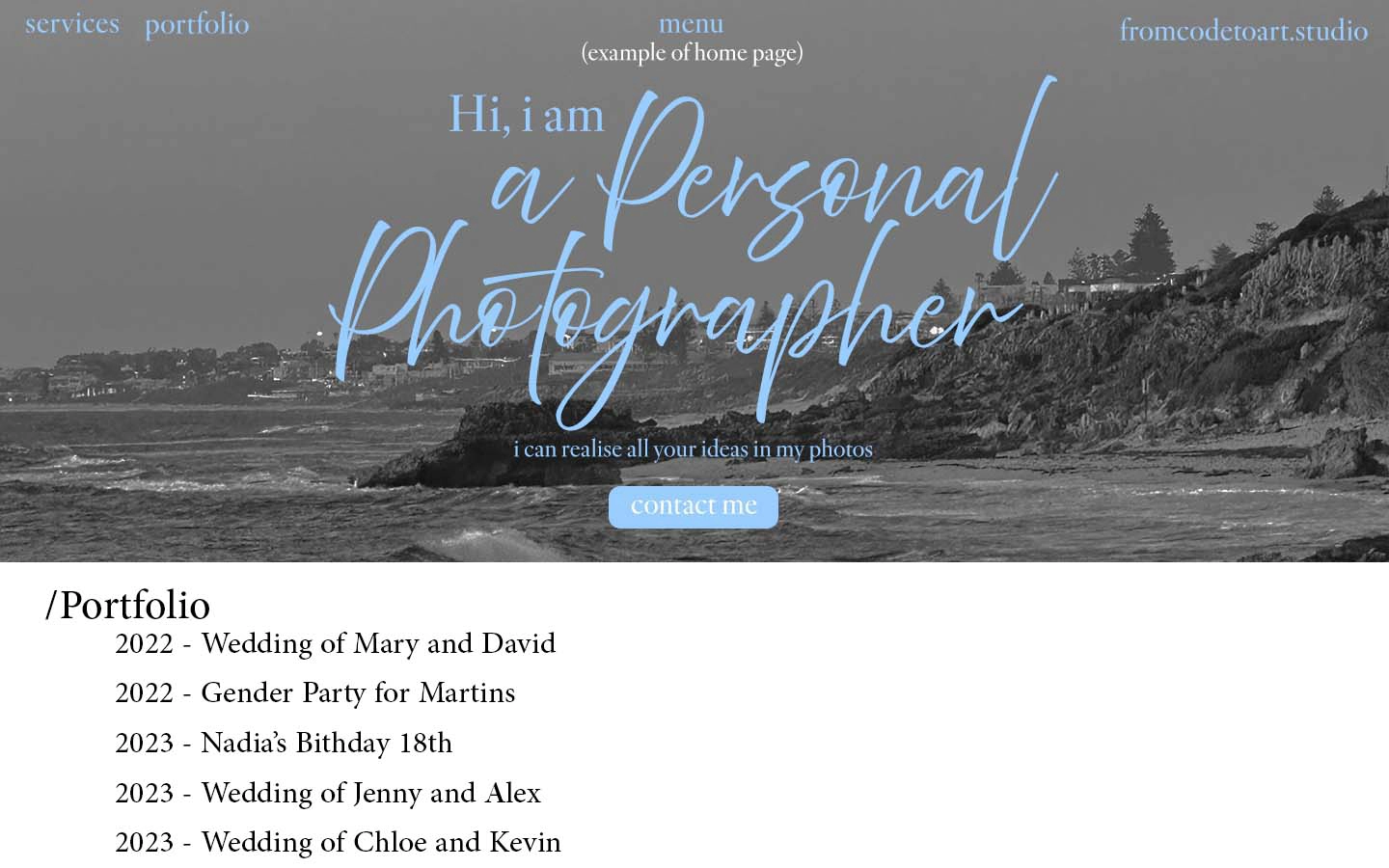 Photographer homepage: nav with Services, Portfolio, text 'Hi, I'm a personal photographer'