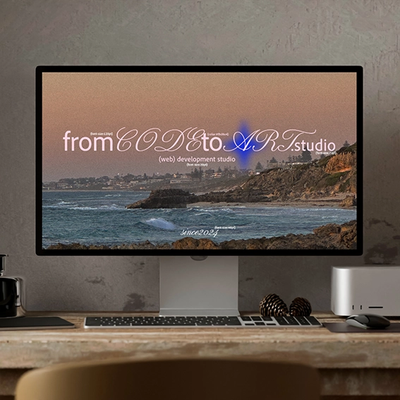 Homepage with 'From Code to Art' pink text over a beach photo background.